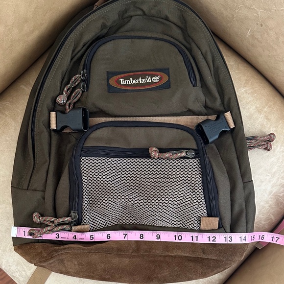 Timberland Canvas Backpack Olive Green/Brown Leather Vintage Hiking Outdoors - Picture 13 of 16